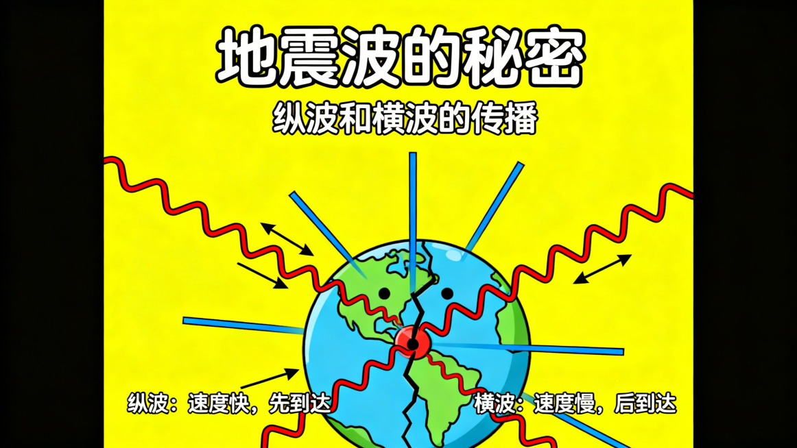 小学生地质灾害科普PPT页，卡通风格，展示地震波传播的科学原理动画示意图预览效果