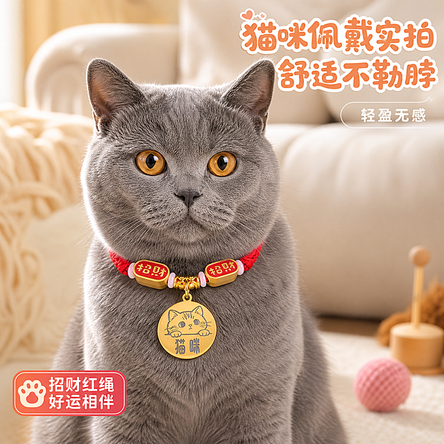 淘宝主图 宠物防丢项圈猫咪佩戴效果图。[氛围风格] 温馨治愈宠物生活风 真实场景摄影感。[画质] 超高清商业摄影质感 光线柔和通透 猫咪毛发清晰 产品真实可辨 画面干净高级。[元素] 一只可爱的英短蓝猫（或橘猫）正面朝向镜头 脖子上佩戴着红色编织猫项圈 项圈上有两个金色招财转运珠（红底金字招财字样）和粉色隔珠 下方悬挂圆形金色钛钢猫牌 猫牌上有可爱猫咪图案和猫咪两个字 保持项圈产品外观（物理结构 材质质感 颜色 文字图案）与输入产品图完全一致 杜绝任何变形和色差 项圈及防丢牌上的文字和图案原图复刻 清晰可辨。猫咪神态温顺可爱 毛发蓬松 项圈大小合适 佩戴自然。背景为温馨的家居客厅场景 浅米色沙发或地毯 有少量猫玩具点缀 营造温暖治愈的家庭氛围。商品主体（项圈+猫牌）清晰可见 位于猫咪颈部视觉焦点位置。[光影] 柔和自然光从侧方照射 模拟窗边柔光 猫咪毛发层次丰富 金色猫牌有细腻金属高光 红绳颜色鲜艳 阴影柔和自然。[配色] 主色暖米白 辅色中国红 强调色金色钛钢 点缀色浅粉。[视角构图] 平视角度 猫咪胸部以上构图 项圈和猫牌处于画面中心视觉焦点 景深中等 背景虚化 突出猫咪和项圈。[文字版式] 右上负空间右对齐 主标题大字圆润可爱字体 猫咪佩戴实拍 舒适不勒脖。下方辅助小字大小可调 轻盈无感。左下圆角小标签 招财红绳 好运相伴。文字清晰可读 不遮挡猫咪脸部和项圈主体。[输出要求] 1:1比例 文字清晰锐利 超高清商业摄影质感。[负向提示词] 变形 文字错乱 产品模糊 背景杂乱 水印 电商平台Logo 多余的手 畸形手 猫咪面部扭曲 肢体穿模。