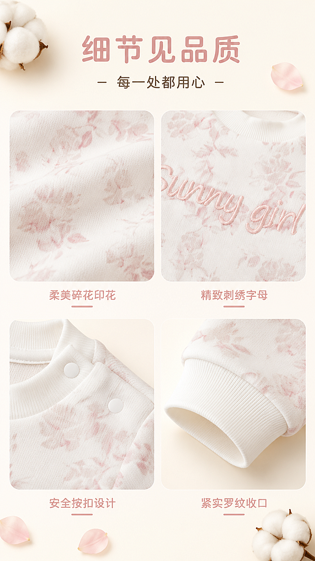 [第4屏] 工艺细节-女童卫衣面料质感与工艺特写。本屏使用【图1】作为商品细节展示。
[氛围/风格] 精致微距工艺风，质感细腻，柔和自然光，高级面料展示感。
[元素布局] 画面采用2×2宫格布局展示四处细节：左上为面料碎花图案微距特写，右上为胸口"Sunny girl"刺绣工艺特写，左下为肩部按扣细节，右下为罗纹袖口纹理特写；每格下方有小标签说明；背景为浅奶白色，有棉花和小花瓣装饰点缀。
[光影质感] 柔和侧光突出面料纹理和刺绣立体感，每处细节都有清晰质感和自然阴影。
[配色色系] 全局底色 #FFFAF0（奶白色）；主色粉白；辅助色淡粉、米白。
[视角构图] 微距特写宫格构图，阅读动线从上到下、从左到右。
[文字版式] 版式为顶部标题 + 四宫格细节 + 格下标签。顶部主标题「细节见品质」，副标题「每一处都用心」；四宫格下方分别标注：「柔美碎花印花」「精致刺绣字母」「安全按扣设计」「紧实罗纹收口」，小号圆润字体配淡粉色下划线。
[比例分辨率] 9:16 竖版比例，4K分辨率，文字清晰可辨，高清画质。
[负向提示词] 变形，水印，文字错乱，颜色偏差，面料模糊，工艺细节不清。