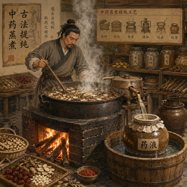 中国古代古法中草药蒸煮提纯场景，工匠用大铁锅柴火蒸煮中药材，提取药液，传统国风彩色插画风格，古朴写实，展现传统中药蒸煮提纯工艺预览效果
