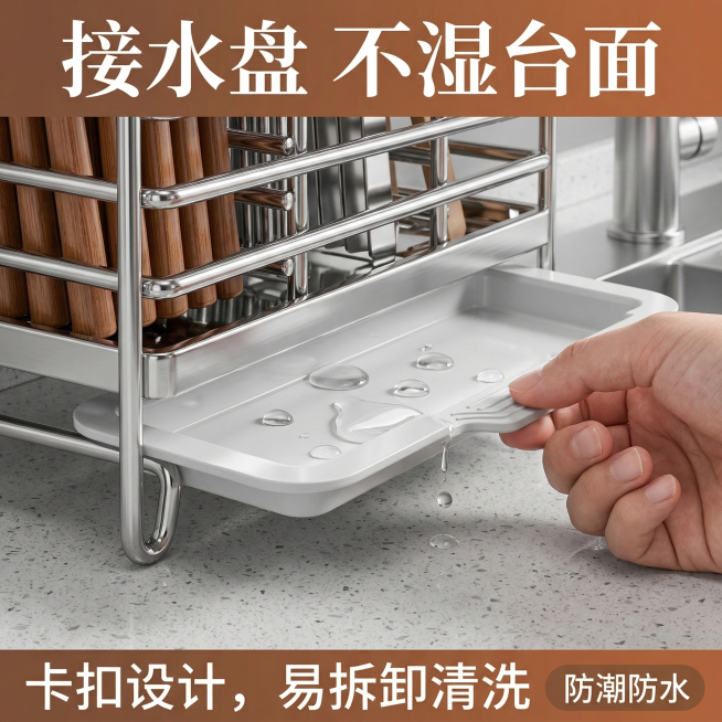 以图片内容为准，保持主体不变，帮我生成一张800*800尺寸的专业电商主图：高清 8K，微距特写，不锈钢筷子笼的接水盘被一只手轻松抽出，背景为浅灰色水槽台面，水滴自然滑落，突出 “卡扣设计，易拆卸清洗预览效果