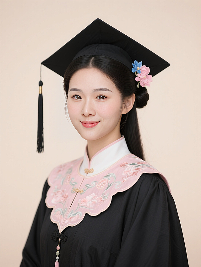 正面照，黑色古风垂挂髻，穿戴学士服学士帽，戴淡粉色刺绣云肩，学士帽旁边簪了粉蓝色的花，背景浅色，暖光