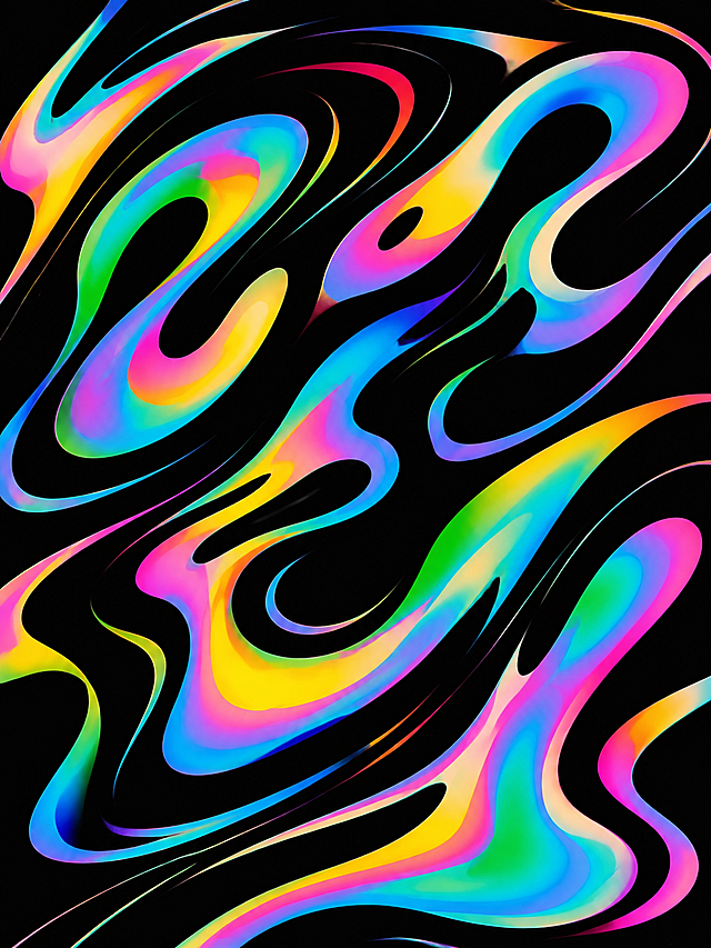 参考原图风格，生成新的流体渐变抽象图案，黑色背景搭配霓虹彩虹渐变流体，保持抽象流动图形的风格和色彩层次