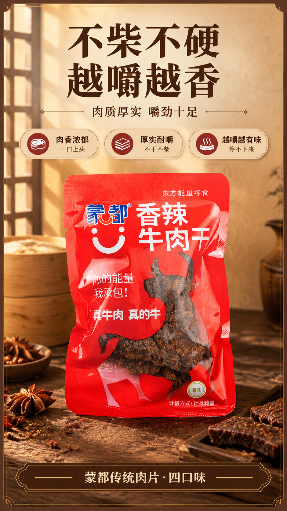 [商品] 使用【图6】香辣牛肉干单包特写；保留鲜红色包装、顶部… - 图片创意预览