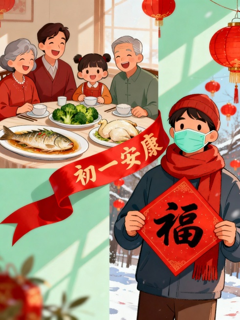 左半部分是温馨的餐桌，清蒸鱼、西兰花、白切鸡摆放整齐，家人围坐笑容满面；右半部分是户外拜年场景，人物戴口罩、裹围巾，手持福字，背景红灯笼点缀；中间用一条红色丝带衔接，丝带上写着 “初一安康”；整体色调预览效果