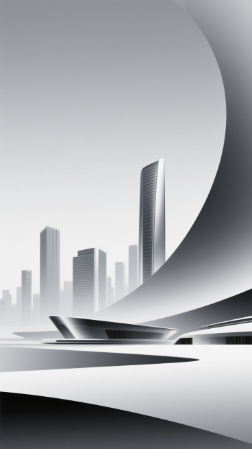 极简主义建筑插画，灰白渐变背景，流畅曲线构成的现代城市天际线，柔和光影效果，光滑金属质感建筑轮廓，简约几何形态，层次分明的空间感，干净利落的线条，低饱和度色调，未来感都市景观，抽象建筑艺术，留白设计，平静氛围，极简设计风格。预览效果