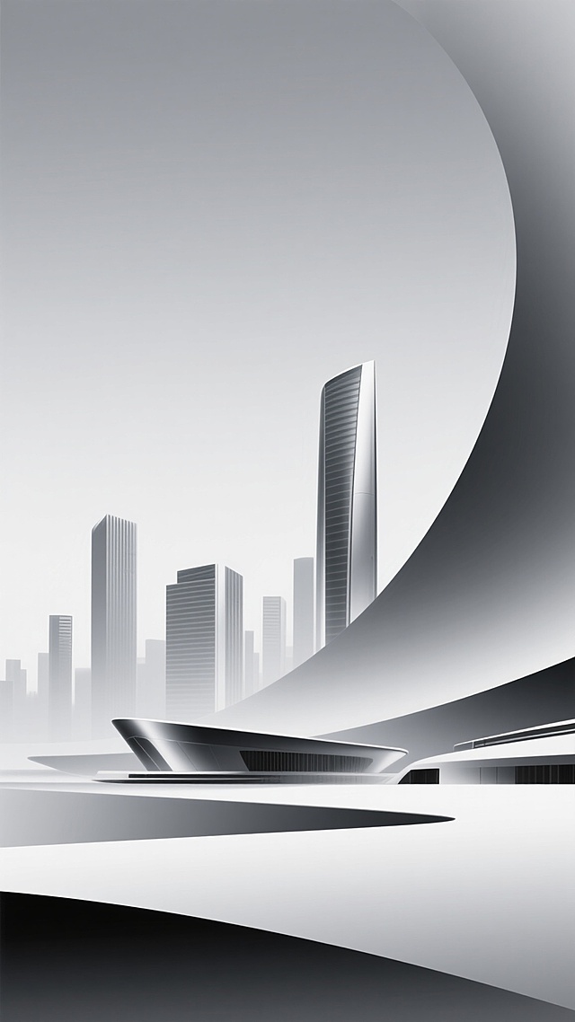 极简主义建筑插画，灰白渐变背景，流畅曲线构成的现代城市天际线，柔和光影效果，光滑金属质感建筑轮廓，简约几何形态，层次分明的空间感，干净利落的线条，低饱和度色调，未来感都市景观，抽象建筑艺术，留白设计，平静氛围，极简设计风格。
