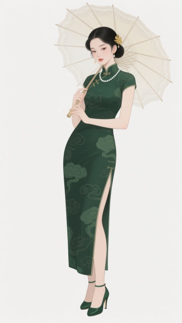 中国风插画风格，一位身着墨绿色祥云图案旗袍的年轻女子，旗袍开衩至大腿，搭配墨绿色高跟鞋，手持一把米白色蕾丝花边油纸伞，乌黑长发挽起并插有金色发饰，颈戴珍珠项链，面容温婉，眼神柔和，整体画面色彩和谐，线条流畅，人物姿态优雅端庄，背景为纯白色，凸显主体人物，具有古典雅致的韵味。预览效果