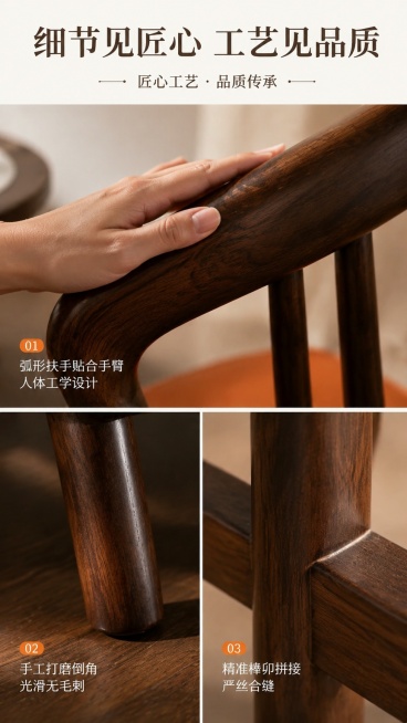[第6屏] 细节工艺，展示木纹打磨与连接件工艺细节。本屏使用【图1】扶手和支架部位做主体。
[氛围/风格] 特写细节展示，专业摄影，清晰真实，突出工艺精度。
[元素布局] 上半部分展示扶手弧形打磨特写预览效果