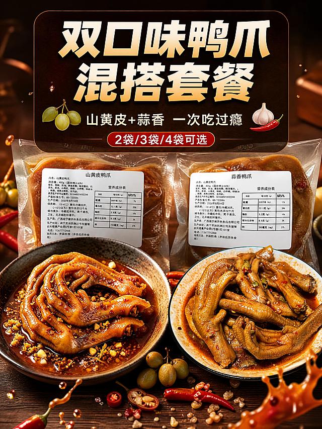 [商品] 使用【图1】【图4】鸭爪成品图、【图5】山黄皮鸭爪包装袋、【图6】蒜香鸭爪包装袋；保留鸭爪完整形态、褶皱肌理、酱色油亮质感、山黄皮颗粒/蒜蓉辣椒碎、包装袋标签文字与排版；增强酱汁反光、肉皮Q弹质感，不改变产品结构和颜色。
[画面] 目标：双口味鸭爪混搭套餐首屏，强食欲冲击。构图：上下结构，上方文字区，下方产品主体区。主体占画面65%，前景是两盘不同口味鸭爪左右并置（左山黄皮右蒜香），中间散落山黄皮果、红辣椒、蒜蓉作为点缀，后方隐约露出两袋真空包装。景别：中景偏特写，鸭爪饱满占据视觉中心。阅读动线：从上到下，先看标题再看产品。前中后景：前景酱汁飞溅小元素、中景鸭爪主盘、后景虚化原料与包装。
[视觉] 套系策略：风格=大师级美食商业摄影，强食欲感，暖调光影；标题字=粗黑体+轻微圆角，厚重有力；正文字=简洁无衬线体，清晰易读；主色=酱红棕+暖橙；背景延展=深棕色渐变背景+细腻木质纹理暗角，同色系深浅层级；强调色=辣椒红，仅用于小面积标签、图标和高亮；标题色=米白色+暖橙渐变；正文色=浅米黄；组件=圆角半透明深色信息卡、细线引线、辣椒/山黄皮小图标；光影=左前侧45度暖柔光，酱汁高光明显，暗部有层次不死黑。
[文字] 顶部居中主标题「双口味鸭爪 混搭套餐」，副标题「山黄皮+蒜香 一次吃过瘾」，下方小字补充「2袋/3袋/4袋可选」。文字区用半透明深棕色圆角卡片承载，不遮挡鸭爪主体。
[规格] 图片比例3:4竖版，4K分辨率，负向提示：避免变形、错字、文字过小、冷蓝背景、鸭爪颜色失真、包装文字错乱、画面脏乱、低画质。