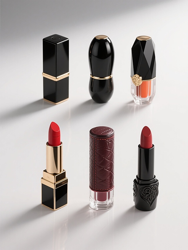 纯白背景下，六个造型完全不同的高端口红产品3D渲染集合，保持统一的写实3D风格，每个口红均展现其独特的设计细节——包括不同的外壳形状（如方形、圆形、椭圆形、棱角切割、流线型、复古雕花）、材质质感（哑光黑、亮面黑、磨砂金属、镀金边饰、透明亚克力拼接、皮革纹理）和口红膏体颜色（正红色、复古红、橘红色、莓果红、姨妈红、豆沙红），所有口红以规整的2x3网格排布，每个产品独立清晰，光线从左上方柔和照射，形成自然的高光和阴影，突出产品的立体感和精致工艺，整体画面简洁干净，符合高端美妆产品展示的视觉标准。