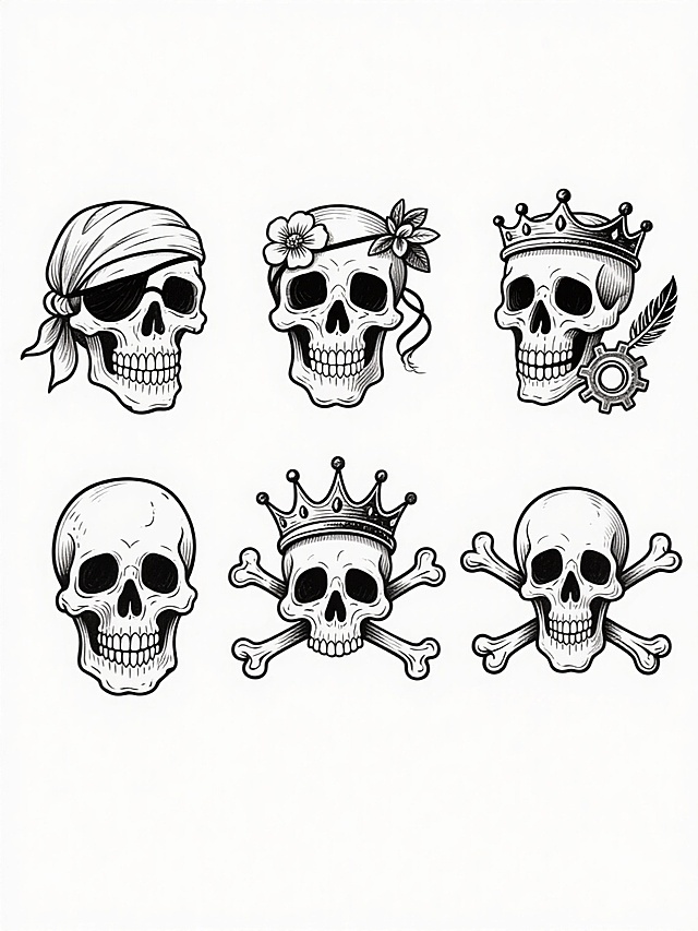 一套6个不同骷髅元素的系列插画集合，保持复古手绘线稿风格，黑白对比鲜明，每个骷髅造型独特，包含不同的装饰元素（如头巾、眼罩、皇冠、花朵、羽毛、齿轮），线条细腻有纹理感，骷髅结构准确，细节丰富，交叉骨形态各异，所有元素规整排列在纯白色纯色背景上，整体风格统一，呈现出复古徽章式的设计感。