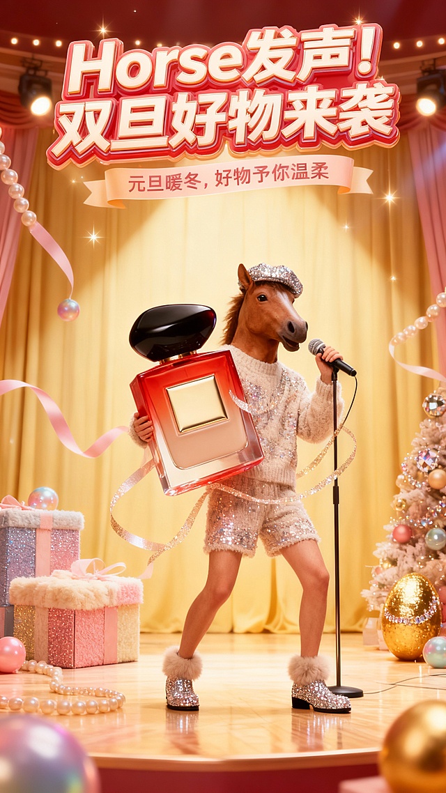 围绕模特构图，带棕色马头面具的模特（ins风马海毛亮片针织套装+亮钻贝雷帽+毛绒亮片鞋）手持超级巨大化的香水摆出活泼的姿势握着前面的立麦在一个暖光与星光灯交辉的靓丽治愈剧场舞台上，舞台上搭配马卡龙色亮片羊毛毡礼盒、渐变珠光彩球、毛绒亮钻元旦装饰和奶油金箔金蛋，周围飘着浅粉与浅金珠光彩带制造氛围；画面顶部巨大的3D创意变形艺术字“Horse发声！双旦好物来袭”，副标题“元旦暖冬，好物予你温柔”，综艺宣传海报风格，背后的浅黄鎏金棉麻幕布+浅木色亮漆地面，香水瓶颈缠绕细闪丝带突出亮点。