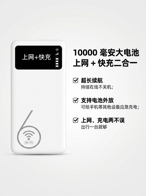 基于参考图，1:1精准还原4GMIFI15随身WiFi产品外观：白色哑光圆角机身，正面黑色'上网+快充'数显屏，机身WiFi6标识，仅展示产品正面，不展示其他角度，重点突出'上网 + 快充'数显屏细节预览效果