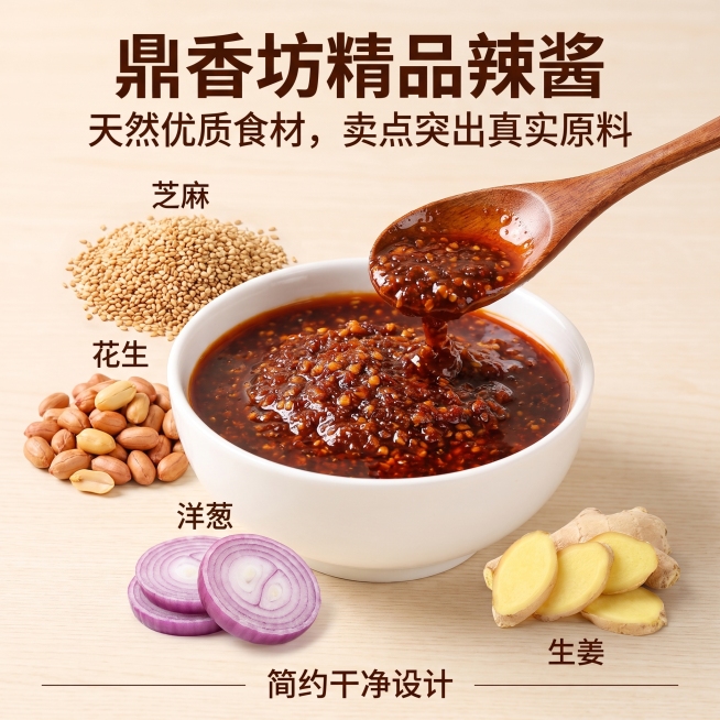 「图片1」，「图片1」「图片1」「图片1」「图片1」「图片1」「图片1」「图片1」「图片1」「图片1」生成一套主图（5张），商品名称是鼎香坊精品辣酱，卖点是整箱更划算，适配拼多多平台，主图比例为1:1预览效果