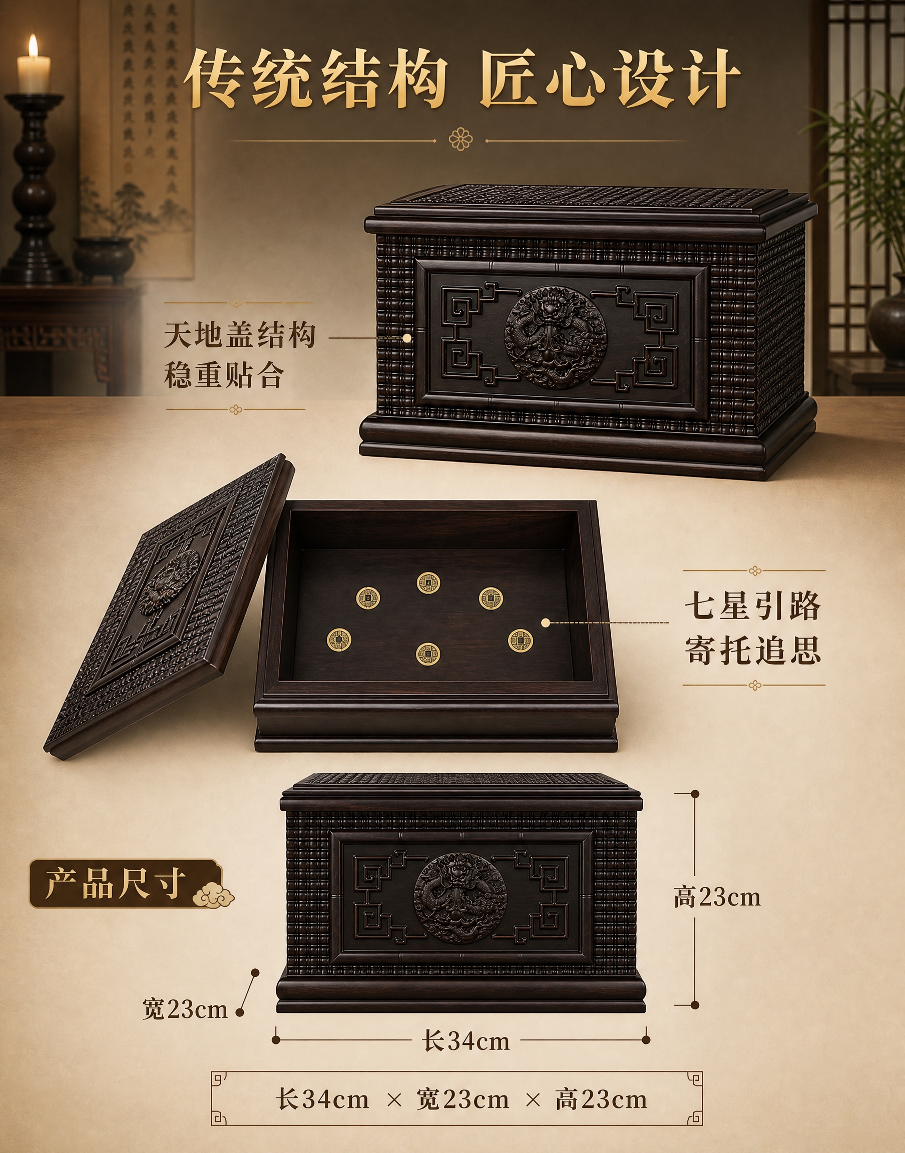 [龙款-竖版3-结构尺寸] 福泽龙款黑檀木骨灰盒结构与尺寸图，… - 图片创意预览