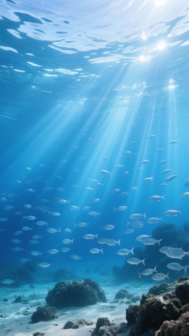 清澈透明的蓝色海洋水下场景，阳光从海面透过波光粼粼的海水形成多束明显的光束，照亮整个水下空间，无数银色小鱼群在光束中游动，海底有深色的岩石和沙地，整体呈现出宁静、通透、自然的写实风格，色调以不同深浅的蓝色为主，光影对比柔和，营造出梦幻而祥和的氛围。预览效果