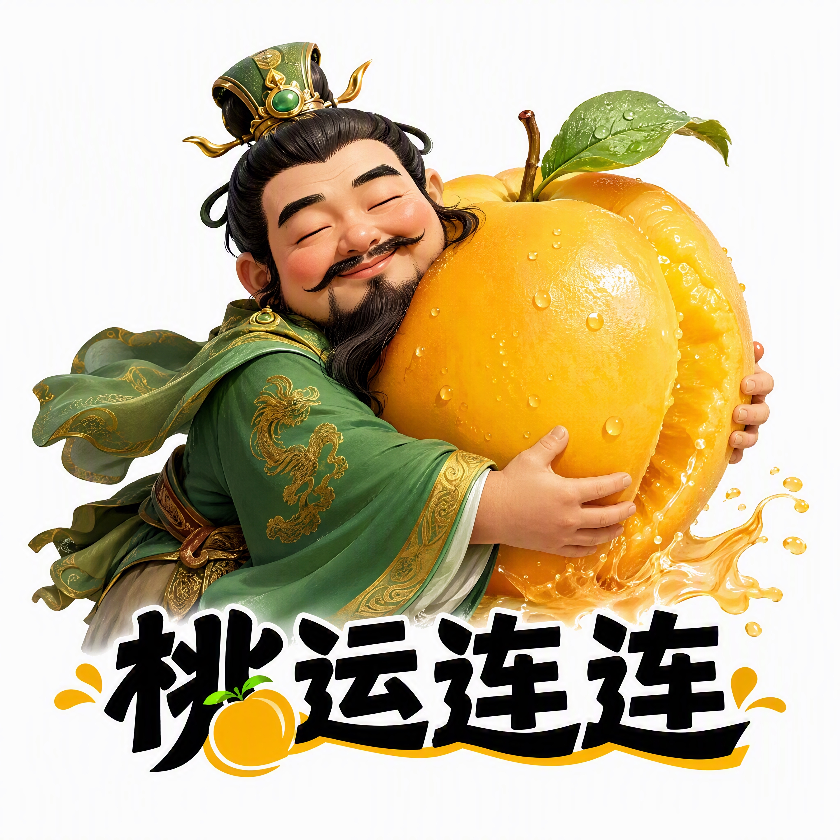 创意插画，刘备形象人物怀抱一颗硕大饱满的黄金桃，黄金桃色泽金黄… - 图片创意预览