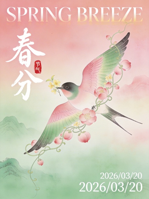 风格：新中式工笔重彩，豆沙粉→薄荷绿渐变背景，柔和朦胧
画面：衔着迎春花的燕子展翅飞翔，羽毛粉绿渐变，翅膀缠绕粉桃与藤蔓，背景粉绿晕染山水
文字排版：
- 主标题：「春分」飘逸行草书法，竖排左侧，配红预览效果