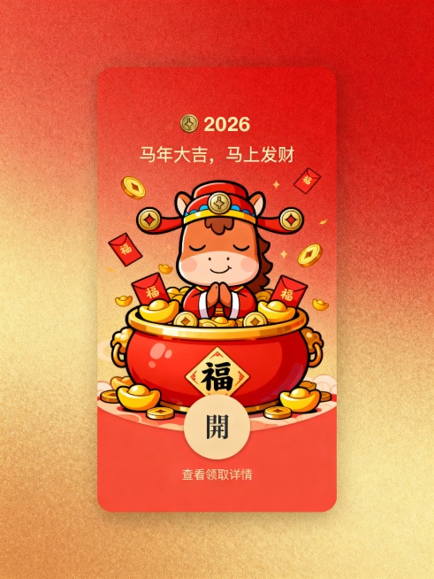2026 马年 Q 版财神微信红包封面，竖版构图，红金渐变磨砂质感背景，中心是从红金聚宝盆里探出的萌版小马财神，头戴带铜钱装饰的官帽，闭眼微笑，双手合十，周围堆满金元宝、红包和 “福” 字贴，顶部有预览效果