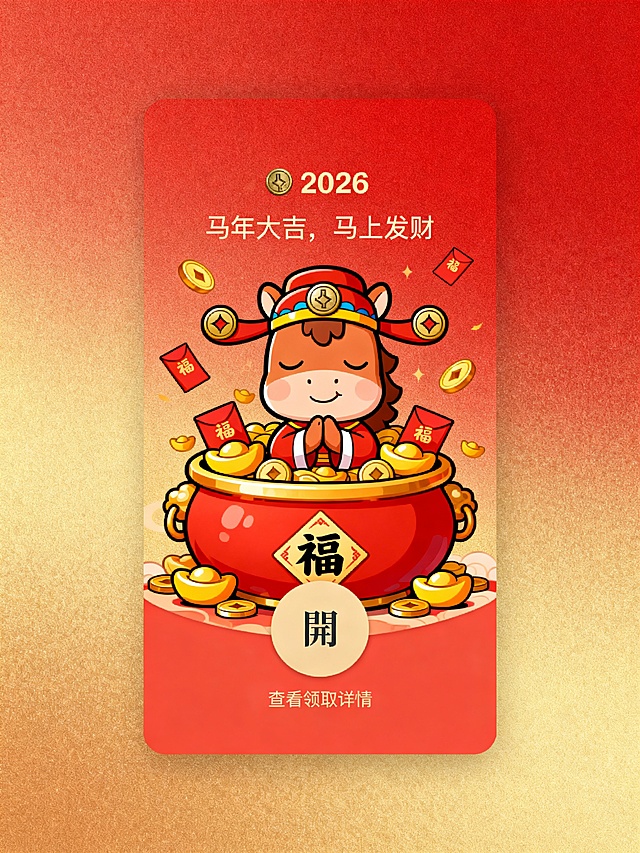 2026 马年 Q 版财神微信红包封面，竖版构图，红金渐变磨砂质感背景，中心是从红金聚宝盆里探出的萌版小马财神，头戴带铜钱装饰的官帽，闭眼微笑，双手合十，周围堆满金元宝、红包和 “福” 字贴，顶部有 “ 2026”  和“马年大吉，马上发财” 字样，底部是浅米色 “開” 字交互按钮和小字 “查看领取详情”，整体为圆润可爱的卡通手绘风格，色彩喜庆，充满萌趣招财氛围。