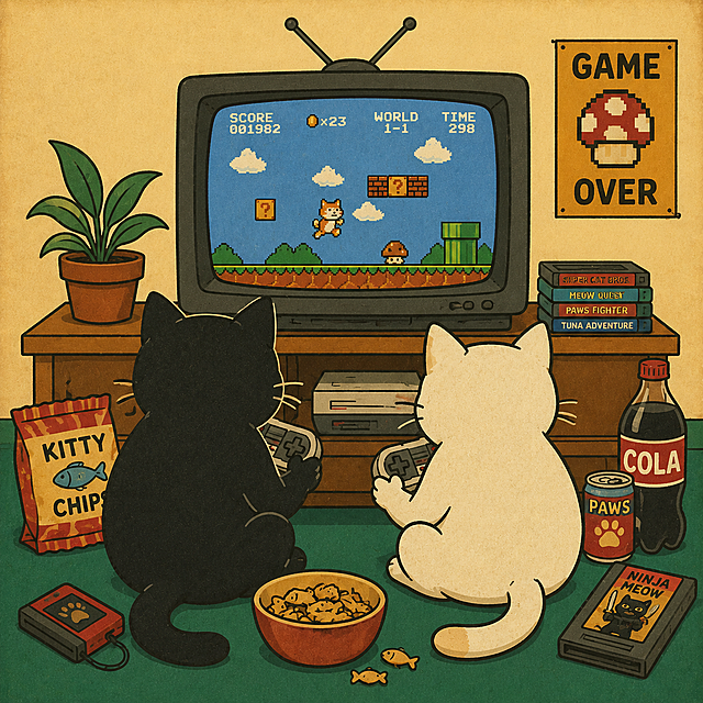 参考图中的美式复古插画风格，扁平色块，粗黑轮廓线，复古做旧纸张质感，复古配色。一只黑猫和一只白猫都趴在地上，背对着镜头，只能看到它们的后背、屁股和尾巴，两只前爪握着游戏手柄，面向前方的老式电视机玩主机游戏。电视屏幕显示像素风格游戏画面，周围有零食、饮料、游戏卡带等游戏氛围元素，整体风格与参考图完全一致，幽默可爱