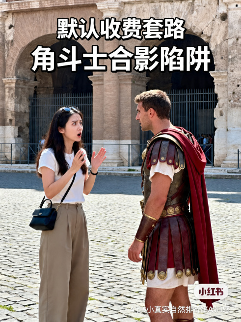 小红书图文内容页，画面核心提示“默认收费套路”，展示角斗士主动邀请游客合影但不提前说明价格的场景，大字体标题“角斗士合影陷阱”字体清晰，真实自然无AI感，3:4比例，高清，符合小红书排版审美预览效果