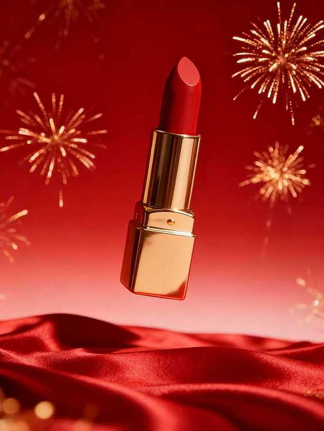 口红悬浮，朱红渐变背景衬鎏金烟花、缎面纹理，红金配色