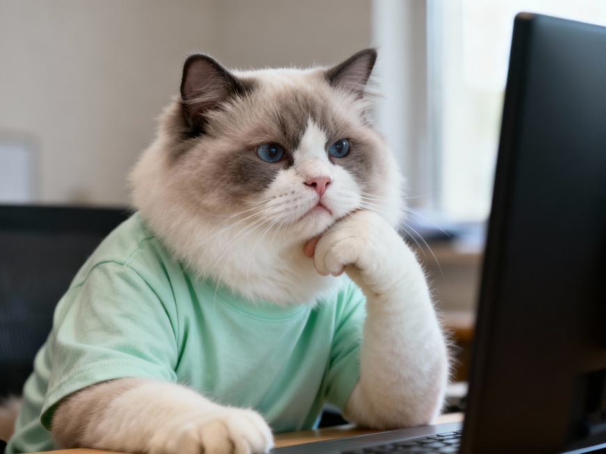 一只公的圆脸布偶猫，穿着淡淡的浅绿色短袖，右爪托着下巴正专注地看着电脑屏幕，脸上带着焦虑的表情，仿佛在打工，场景逼真，照片质感预览效果