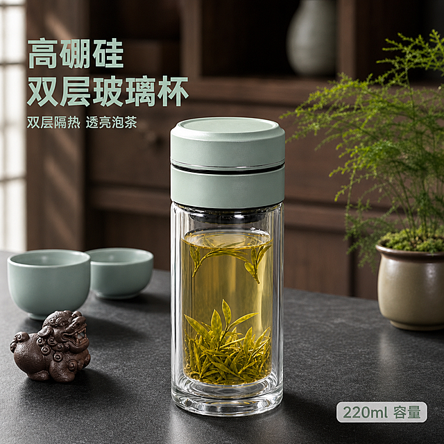 [主图-1] 双层玻璃水杯新中式办公场景首图。
[氛围风格] 新中式禅意，高级简约干净。
[画质] 商业摄影质感，一流灯光效果，杯盖子磨砂质感出色，玻璃杯透明清澈可透见背景，产品清晰真实，画面干净高级。
[元素] 静怡青色双层玻璃水杯居中放置在深灰色哑光石茶台上，保持产品外观结构、材质质感、颜色与原图绝对一致，杜绝变形色差，精细化处理。左侧搭配一对同色系静怡青品茗杯，左前方放一个紫砂茶宠貔貅，右后方背景是胡桃木博古架，博古架上放一只浅灰色陶瓷花瓶，最右侧放一盆文竹盆栽，背景做虚化处理，突出主体水杯。商品主体占比严格控制在65%左右，画面满屏无边框。
[光影] 主光从左侧窗边斜入，柔光漫射，突出玻璃杯通透感和杯盖磨砂质感；辅光从右侧环境补光，阴影边缘柔和过渡，杯底有自然投影，整体光影通透有层次，保留一流灯光效果。
[配色] 主色调深灰石台面；辅助色胡桃木棕色，静怡青杯盖；点缀紫砂深棕，文竹翠绿。
[视角构图] 正面平视，景深适中，前景中景背景层次分明，产品完整不裁切。
[文字版式] 左上负空间左对齐留安全边距，大字主文案"高硼硅双层玻璃杯"，静怡青色粗体无衬线；辅助小字"双层隔热 透亮泡茶"，约一半字号同色；右下角小标签"220ml 容量"，浅灰底青字。文字不遮挡主体，清晰可读。
[比例分辨率] 1:1 比例，4k 分辨率，超高清，文字清晰。
[负向提示词] 变形，水印，文字错乱，产品模糊，背景杂乱。