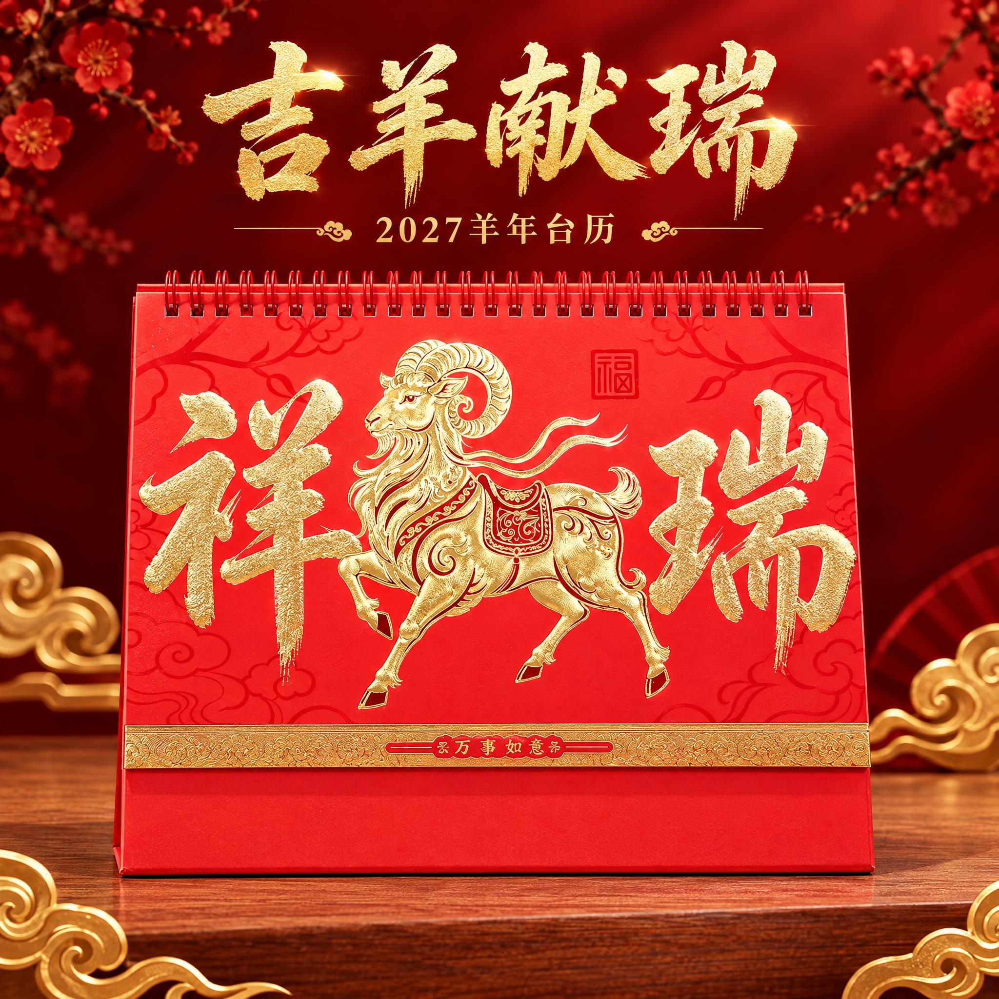 祥瑞羊款（金色字）红色台历单张产品主图，高端新年礼品风格。 [… - 图片创意预览