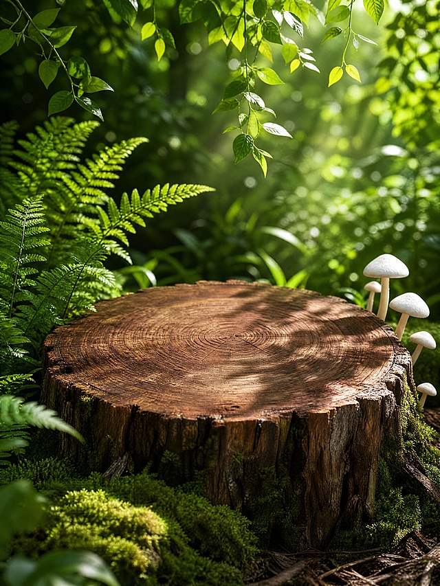 森系清新场景，竖版构图。
主体：画面中央偏下位置留出大面积空白展示区，用于放置产品，空白区域占画面 40%，木质树桩台面自然质朴。
构图：三分法构图，微侧 15° 平视，空白展示区位于画面下半部分中央。
风格：森系清新。
场景概念：森林中的树桩展示台，周围绿植环绕，阳光透过树叶洒下，自然清新的森系氛围，竖版电商主图规格。
承载与空间：①承载面：画面中部，老树桩截面台面，深棕色年轮纹理，深棕色，表面平整，自然质朴；②背景：画面上部，茂密的绿色植物背景，多种绿色叶片，深浅不一的绿色，虚化处理，充满自然气息。
陪衬物：①画面左侧，几株绿色蕨类植物，鲜绿色，翠绿，自然生长在树桩旁；②画面右侧，几朵白色小蘑菇，白色菌盖+棕色菌柄，白色+棕色，可爱自然；③画面左下角，几片绿色苔藓，鲜绿色，覆盖在树桩根部；④画面上方，几片垂下来的绿叶藤蔓，鲜绿色，增添层次感。
配色：主色 55% 绿色 / 辅色 25% 深棕木色 / 点缀色 20% 白色+阳光黄+苔藓绿；画面实际颜色 6 种：翠绿 / 深绿 / 深棕 / 纯白 / 阳光黄 / 苔藓绿。
材质：老树桩木 / 绿色植物 / 苔藓 / 蘑菇 / 树叶 / 土壤；画面实际材质 6 种：老木头年轮 / 鲜活绿植 / 鲜活苔藓 / 新鲜蘑菇 / 真实树叶 / 腐殖土壤。
光影：主光从上方树叶间隙洒下 45°，柔和的绿色漫射光，自然清新；辅光为环境散射光，整体明亮柔和；阴影有树叶纹理；整体充满自然森林的清新气息。
参数：4K 写实光追，medium 质量。严格锁定宽高比为 3:4。