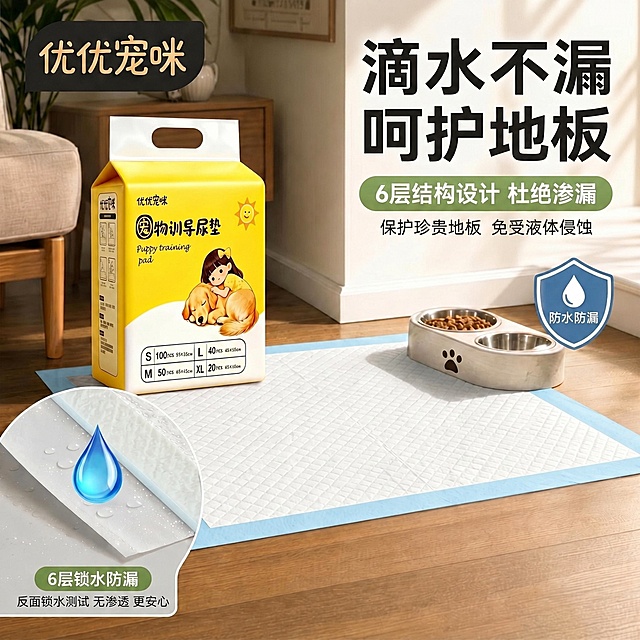 修改图片中狗下面的尿垫，将尿垫的底部边框修改为浅蓝色，保留吸水面为白色，保持原图的其他内容、文字和构图不变