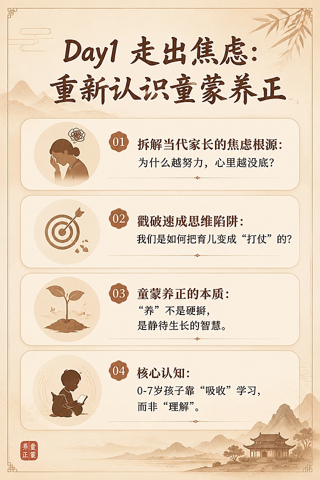 生成一套国风课程详情页，整体风格参考「图片1」「图片1」。要包含以下内容：一、主图页（首屏 Banner）
主标题：黄金三步法 —— 教你避开误区，找到正养之路
副标题：3 天直播系统课・0-7 岁童蒙正养方案
核心 slogan：不用逼、不用催，用最省力的方式，给孩子扎下精神的根
落款：石头妈妈 亲授
二、痛点页
【痛点共鸣】
你是不是也陷入了这样的育儿困境：
囤了一堆国学机、经典绘本、启蒙音频，孩子根本不买账
逼着孩子听经典、认字、背古文，越逼孩子越反感、越抗拒
跟风试了无数方法，越努力越心慌，不知道做的到底对不对
别人说什么好就塞给孩子什么，育儿像打仗，满身狼狈
【真相点破】
你深爱孩子，却用错了方式
90% 的经典喂养问题，从来不是孩子不配合
而是你踩中了「顺序错、方法错」的致命误区
真正的童蒙养正，不是填鸭灌输，不是速成攀比
是顺着孩子的成长节奏，走对三步，轻松扎根
【方案引出】
石头妈妈结合传统文化智慧与儿童发展规律
带来「黄金三步法」正养体系
帮你告别慌乱育儿，走对 0-7 岁精神喂养的每一步
三、金句页
真正的正养，从来不是父母 “教” 出来的，是孩子自己 “长” 出来的。
熏听的核心心法：只问耕耘，不问收获。
声音里的经典，比文字里的经典，先进入孩子的生命。
做父母，最大的美德是耐心。
四、讲师介绍
主讲人：石头妈妈
双硕士 / 高校教师
作家 / 资深童书创作者
童蒙正养理念践行者
曾任资深记者、编辑
深耕传统文化与儿童成长教育融合领域，出版诗集、小说集、儿童绘本多部作品。以自身育儿实践与专业学术背景为基础，拆解经典喂养的底层逻辑，打造可落地、不焦虑的家庭正养方法，帮助家长走出育儿慌乱。
五、课程内容
Day1 我们深爱孩子，却满脸狼狈 —— 当代父母的 “用力过猛”
拆解当代家长的焦虑根源：为什么越努力，心里越没底？
戳破速成思维陷阱：我们是如何把育儿变成 “打仗” 的
童蒙养正的本质：“养” 不是硬掰，是静待生长的智慧
核心认知：0-7 岁孩子靠 “吸收” 学习，而非 “理解”
Day2 三大喂养误区，你中了几个？
误区一：把 “熏听” 变 “填鸭”，用监督毁掉孩子的兴趣
误区二：跳过熏听急着认字，提前消耗孩子的学习热情
误区三：过早解释经典，用二手道理毁掉原生美感
误区本质：你的 “急”，正在打乱孩子的成长节奏
Day3 黄金三步法 —— 最省力的正养之路
第一步「熏听」：把经典当空气，0 岁启动的正确操作
第二步「认亲」：水到渠成认字，让文字和孩子 “做朋友”
第三步「理解」：不愤不启不悱不发，等孩子主动来问
落地心法：松弛育儿，相信声音与时间的力量
六、你的收获
学完这 3 天，你将获得：
认知升级：厘清童蒙养正的底层逻辑，告别盲目跟风焦虑
避坑指南：吃透经典喂养三大误区，避开 90% 家长踩过的坑
落地方法：掌握「熏听 - 认亲 - 理解」黄金三步法，直接照着做
心态转变：放下速成执念，学会松弛、省力的育儿节奏
育儿底气：清晰每个阶段该做什么，养孩子不再慌慌张张
七、适学人群
家有 0-7 岁孩子，想做经典启蒙却无从下手的家长
试过很多喂养方法，孩子不配合、越养越累的爸妈
囤了大量国学工具，却看不到效果、越养越慌的家长
认同童蒙养正理念，想给孩子打精神底色的家庭
备孕、孕期，想提前规划孩子早期精神喂养的准爸妈
八、课程包含
石头妈妈亲授 3 天直播正课，全程拆解正养逻辑与落地方法
专属高清录播回放，支持反复回看，随时巩固学习
一套完整可落地的「黄金三步法」正养体系，适配 0-7 岁全阶段
九、课程须知
如何上课：购买成功后自动开通课程权限，按课表参与直播，录播可随时回看
课程有效期：课程回放有效期 3 年，期间可不限次数反复学习
退款说明：课程为虚拟知识服务内容，一经订阅开通，不支持退款，请您谅解
十、底部报名栏
主按钮文案：立即报名
辅助文案：
解锁孩子的正养成长之路
3 节直播系统课
仅需 299 元
走对每一步，育儿不慌乱
