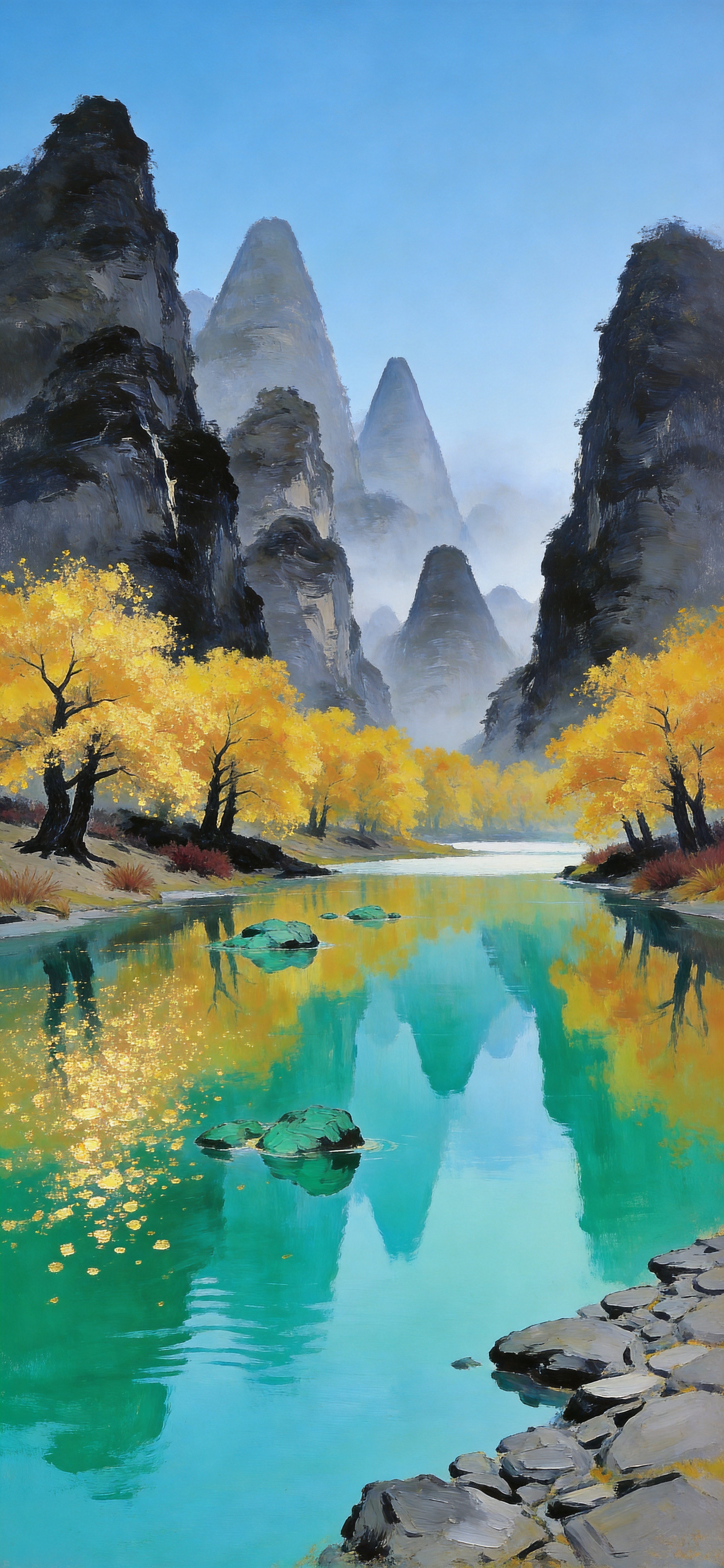 对这张竖版山水油画进行局部修改，仅修改天空和水面：1）将原来的… - 图片创意预览