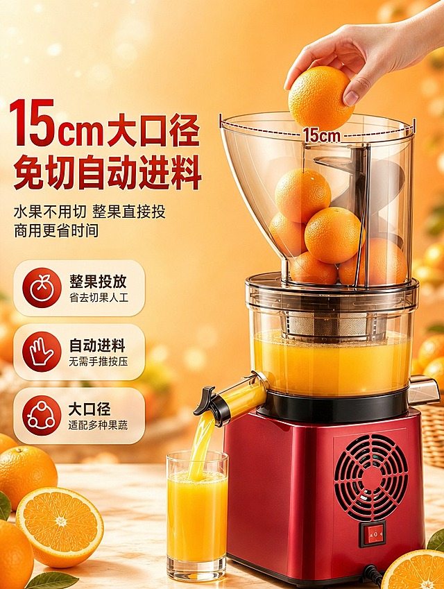 [商品] 使用【图1】商用原汁榨汁机，酒红色机身、茶色透明大口径进料口；保留产品结构、颜色、材质、进料口形状与大小，不改变机身比例；增强进料口通透感与尺寸视觉冲击力。
[画面] 核心卖点1：15cm大口径免切自动进料；左文右图构图，产品占画面60%位于右侧，进料口朝上展示口径宽大；一只手正将一整颗橙子放入进料口（手部动作自然，不遮挡产品主体），进料口内可见多颗完整橙子；左侧大标题加粗放大，配痛点文案与利益点；背景为暖橙渐变 + 新鲜橙子散落装饰。
[视觉] 套系策略：风格=国内电商商业摄影风，高质感生鲜氛围；标题字=粗黑体大字，醒目有力；正文字=简洁无衬线体；主色=橙红色；背景延展=基于橙红做深浅渐变、同色系光斑、鲜果虚化背景；强调色=深酒红，仅用于小面积标签、引线、图标点缀；标题色=深橙红 + 正红渐变；正文色=深棕灰；组件=圆角信息卡、细线引线、圆形卖点标签；光影=左前侧暖柔光，果汁通透高光，机身金属反光。
[文字] 左侧主标题两行"15cm大口径 免切自动进料"，加粗放大；副标题"水果不用切 整果直接投 商用更省时间"；下方3个短卖点："整果投放 省去切果人工""自动进料 无需手推按压""大口径适配多种果蔬"；文字区不遮挡进料口与手部动作。
[规格] 图片比例3:4竖版，4K分辨率，负向提示：避免变形、错字、文字过小、冷蓝背景、产品颜色改变、手部不自然、进料口比例失真。