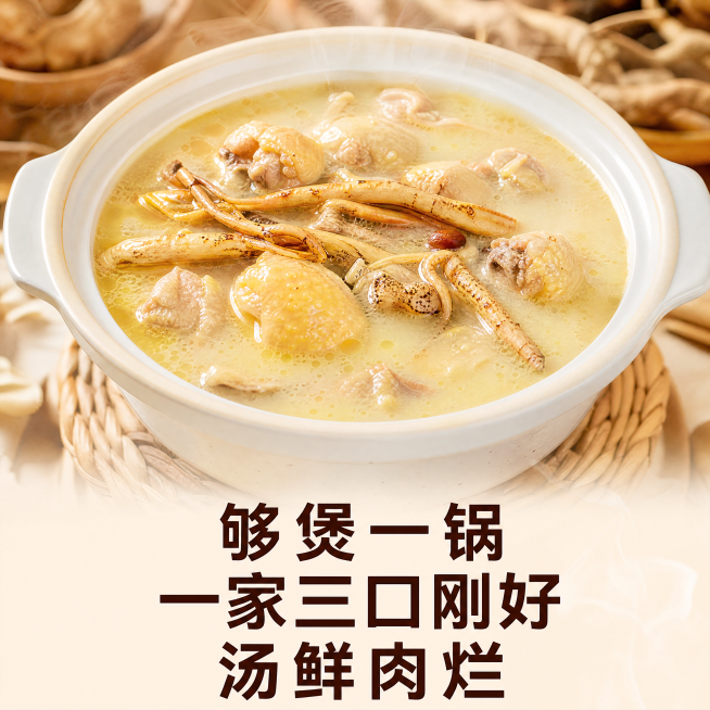 [主图-3] 展示一碗盛好的五指毛桃煲鸡汤，汤色呈现奶白微黄状态。[氛围风格] 美食诱人氛围，家常温暖感；[画质] 商业美食摄影质感，汤色通透有光泽，食材清晰真实。[元素] 白瓷汤碗盛着五指毛桃煲鸡汤预览效果