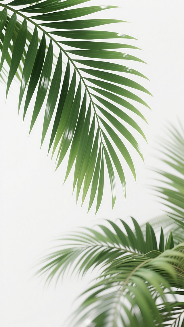 高质量3D渲染风格的绿色棕榈叶，叶片边缘锐利清晰，叶脉纹理细腻可见，整体呈现自然舒展的姿态，叶片颜色从深绿到嫩绿渐变，带有轻微的高光反光效果，画面右侧及下方分布棕榈枝叶，其余70%区域为纯净的白色留白背景，营造简洁、清新、自然的氛围。
