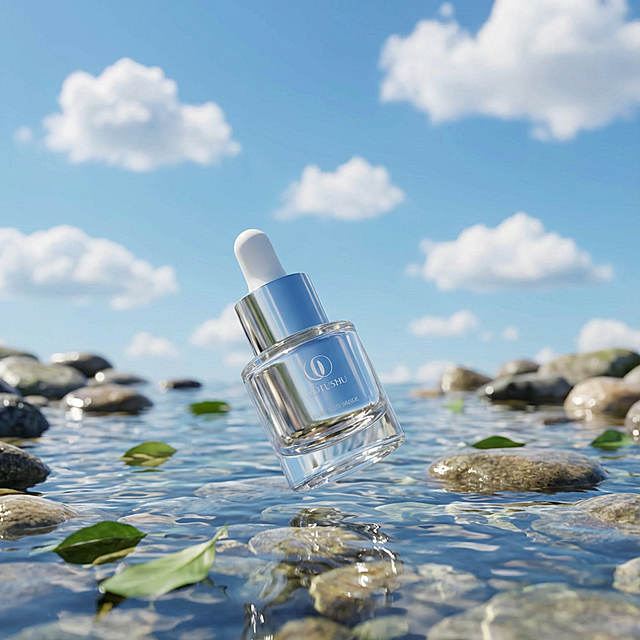 3D玻璃风瓶身悬浮于清透水面，融合虚拟自然与重拟物设计，营造清新静谧的唯美感，传递清爽优雅的夏日氛围。