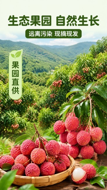 [第2屏] 产地展示屏-荔枝果园直供宣传，本屏使用【图1】作为荔枝主体参考。
[氛围/风格] 自然原生态风格，实景果园质感，清新治愈。
[元素布局] 上半部分占屏60%展示荔枝果园实景，大片荔枝树郁郁预览效果