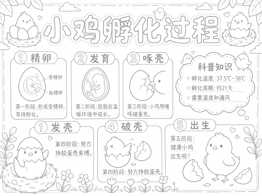 在原图基础上修改为浅色线稿，保持所有文字、图形和布局不变，让线条颜色更浅，整体为干净的线稿涂色手抄报样式预览效果