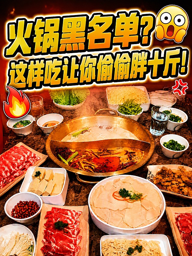 小红书美食封面，火锅主题，超吸睛大字标题，适配小红书封面比例，视觉冲击力强，让人一眼就想点进去。主标题分两行，逐字锁定：第一行「火锅黑名单？」，第二行「这样吃让你偷偷胖十斤！」。标题超大号粗黑体，占据画面上方约45%~50%视觉权重，黄色渐变填充+黑色粗描边+白色外发光，立体感强，醒目吸睛，符合小红书爆款封面调性。标题位置偏上，略微倾斜增加动感，更有网感。标题旁加网感小装饰：右上角一个😱震惊表情emoji，标题旁边一个💢愤怒小表情，左下角一个🔥火焰小图标，增加情绪感和传播感。背景为实拍火锅大餐俯拍图，铜锅鸳鸯锅底，周围摆满肥牛卷、毛肚、酥肉、豆腐、蔬菜等丰富食材，热气腾腾的真实感，画面饱满有食欲。背景加一层轻微的暗角和顶部渐变遮罩，让标题更突出。整体色调暖红偏暖，有火锅的热情感，颜色鲜艳协调，吸睛但不廉价。整体氛围：震惊、避坑、有食欲又有警示感，网感十足，小红书爆款封面质感。画质高清细腻，文字完整处于安全区内不可裁切，四周留安全边距。画面比例3:4，4K。图生图：【图1】为当前火锅封面图，优化标题使其更大更醒目更吸睛，更符合小红书封面传播调性。