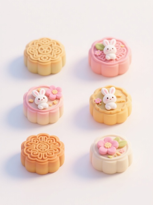 白色背景上，六个不同样式、不同材质、不同配色的卡通风格月饼整齐排列，月饼表面有精致的传统花纹，搭配可爱的白色兔子形象、粉色花朵和月饼碎屑等相关元素，整体采用明亮柔和的色彩，圆润的造型，平滑的渐变质感，营造出温馨欢快的中秋氛围，视觉层次清晰，信息传达直接，符合节日食品宣传的设计感。预览效果