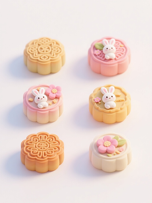 白色背景上，六个不同样式、不同材质、不同配色的卡通风格月饼整齐排列，月饼表面有精致的传统花纹，搭配可爱的白色兔子形象、粉色花朵和月饼碎屑等相关元素，整体采用明亮柔和的色彩，圆润的造型，平滑的渐变质感，营造出温馨欢快的中秋氛围，视觉层次清晰，信息传达直接，符合节日食品宣传的设计感。