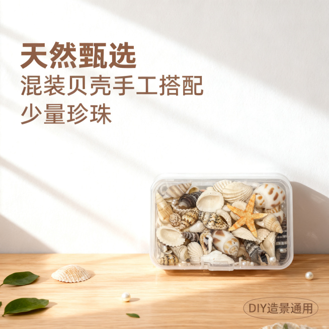 [单张主图] 天然混合贝壳装饰套装，高级氛围感主图，展示自然材质的手工装饰套装。
[画面主体] 透明塑料盒装混合天然贝壳海螺海星，盒内点缀少量小珍珠，不超过10颗珍珠点缀在贝壳缝隙间；保持产品外观、物预览效果