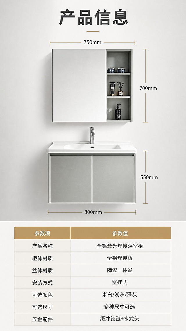 [商品] 使用【图2】浅灰色浴室柜整柜正视图；保留镜柜+主柜+陶瓷盆整体结构、浅灰色全铝材质、各部件比例；用于参数页产品示意。
[画面] 目标：第12张规格参数页，完整收口产品信息。构图：上下分区，上半部分为产品正视图+尺寸标注线，下半部分为规格参数表。主体：上方产品正面示意，占画面约45%，用细线标注长宽高关键尺寸；下方参数表整齐排列。背景：纯净浅灰白色渐变，简洁专业。
[视觉] 套系策略：风格=现代轻奢简约商业摄影风；标题字=思源黑体粗体；正文字=思源黑体常规体；主色=高级灰+米白；背景延展=基于米白/浅灰做深浅层级、同色渐变；强调色=香槟金，仅用于表格标题栏、尺寸线；标题色=深炭灰；正文色=中暖灰；组件=规范参数表格、细线尺寸标注、分隔线；光影=均匀柔光，产品清晰，表格易读。
[文字] 顶部大标题"产品信息"（4字）。下方参数表包含以下字段（两列：参数项/参数值）："产品名称"-"全铝激光焊接浴室柜"、"柜体材质"-"全铝焊接板"、"盆体材质"-"陶瓷一体盆"、"安装方式"-"壁挂式"、"可选颜色"-"米白/浅灰/深灰"、"可选尺寸"-"多种尺寸可选"、"五金配件"-"缓冲铰链+水龙头"。表格清晰规整，手机端文字可读。文字全部横排。
[规格] 图片比例9:16竖版，4K，负向提示：避免变形、错字、文字过小、表格混乱、极限词、水印、冷蓝背景。
