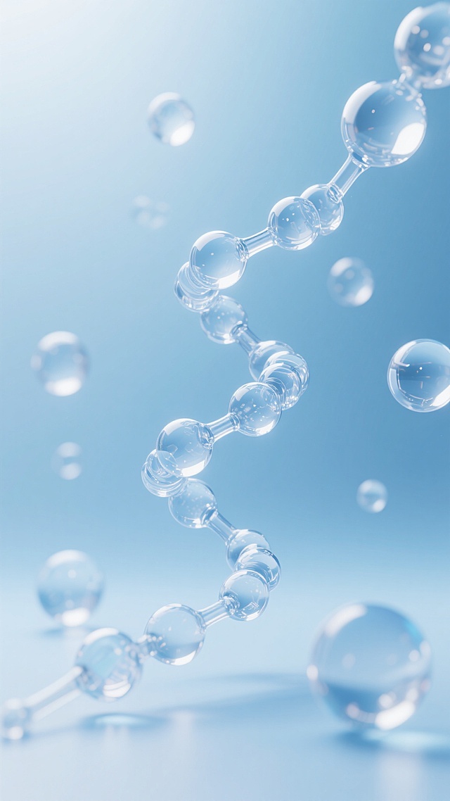 3D渲染的分子结构，采用透明玻璃质感与半透明球体元素，整体呈现蓝白渐变色调，柔和的漫反射光源从画面上方照射，形成细腻的高光与轻微阴影，分子链以螺旋形态优雅盘旋，周围悬浮着多个大小不一、带有内部折射细节的透明球体，背景为朦胧的浅蓝色渐变，营造出科技感与纯净感并存的氛围，分子结构细节清晰，球体表面光滑且具有水晶般的光泽，整体构图平衡且富有动态的视觉引导。