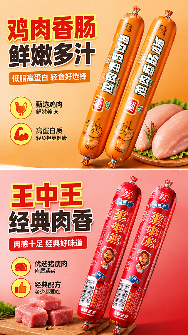 [商品] 使用【图1】中间橙色鸡肉香肠和右侧红色王中王香肠；保留两款香肠的颜色、包装、Logo、文字、品牌标识，真实比例不变。
[画面] 目标：两款经典口味对比展示。构图：上下分栏，上半区鸡肉香肠（橙色），下半区王中王（红色），中间分隔线。每区产品占该区55%，旁边配对应食材点缀（鸡肉块/瘦肉块）。阅读动线：从上到下依次浏览两款。前景食材点缀、中景产品主体、背景上下分区渐变色。
[视觉] 套系策略：风格=拼多多接地气大字报商业摄影风；标题字=粗黑黑体+描边；正文字=清晰黑体；主色=暖橙红；背景延展=上半区浅橙渐变、下半区浅红渐变、同色系深浅层级；强调色=明黄色，仅用于小面积标签、图标；标题色=大红色+黄色描边；正文色=深棕色；组件=圆角标签、口味图标、虚线引线；光影=顶部暖柔光，产品明亮。
[文字] 上半区标题"鸡肉香肠 鲜嫩多汁"，副标题"低脂高蛋白 轻食好选择"；下半区标题"王中王 经典肉香"，副标题"肉感十足 经典好味道"。每区2个小卖点。文字全部横向排版，字号大，手机端清晰可读。
[规格] 图片比例9:16竖版，4K，负向提示：避免变形、错字、文字过小、冷蓝背景、产品颜色改变、包装文字错乱、极限词、医疗功效。
