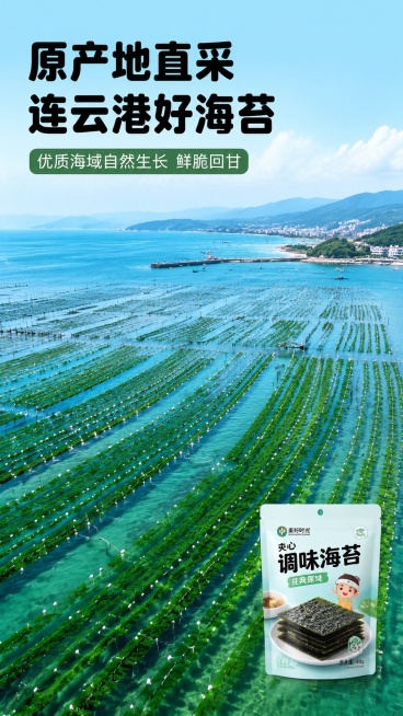 [第2屏] 产地优势展示-连云港原产地优质调味海苔。本屏使用【图1】作为商品包装辅助展示。
[氛围/风格] 自然清新原产地风，真实海景场景，干净通透的摄影质感。
[元素布局] 本屏核心元素为连云港沿海预览效果