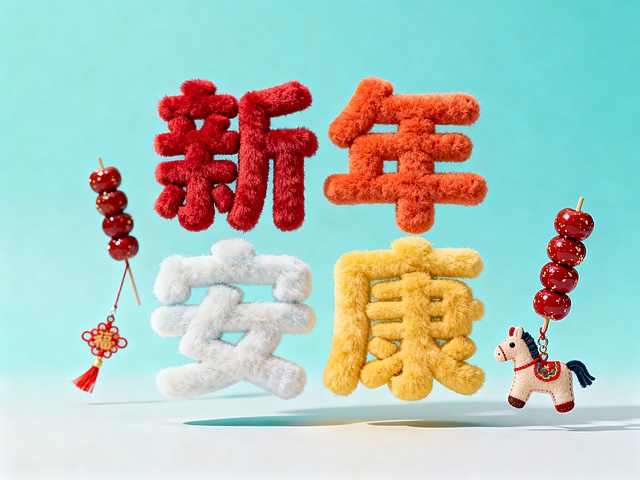 毛绒软糯字体 “新年安康”，单字单色搭配：新（绯红）、年（橘红）、安（月白）、康（蛋黄），周围点缀冰糖葫芦、小马挂件装饰，浅青渐变浅蓝背景，正面视角，文字悬空无阴影，风格童趣温馨，适合儿童新年手账素材。